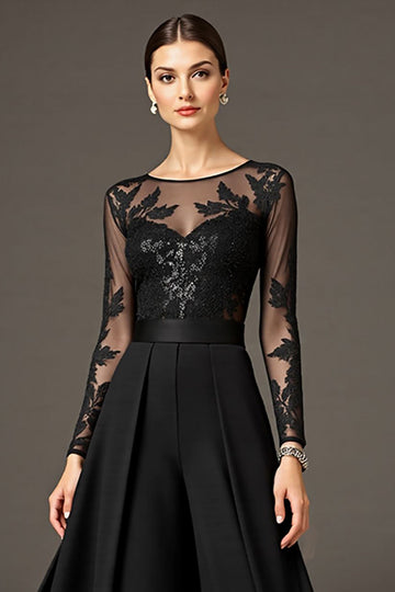 Sparkly Black Long Sleeve A Line Mother Of The Bride Pant Suits With Lace